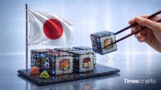 Sushi with Japanese flag and crypto blockchain theme. Japan Tests Blockchain for Government Bonds as Collateral in Landmark Proof-of-Concept