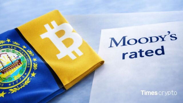 New Hampshire flag with Bitcoin symbol. New Hampshire’s Bitcoin-Backed Municipal Bond Receives Moody’s Ba2 Rating